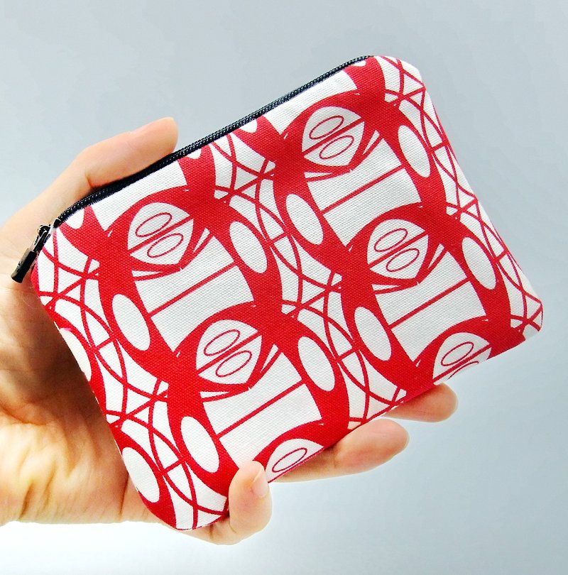 拉鍊零錢包/卡片包/鑰匙包/耳機包/小物包 (紅白圖案) (ZS-82) - 散紙包 - 棉．麻 紅色
