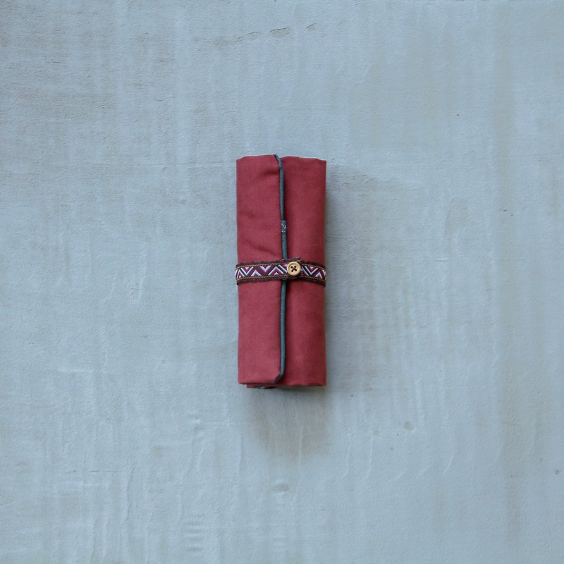 Brick red suede pencil beef roll - Pencil Cases - Other Materials Red