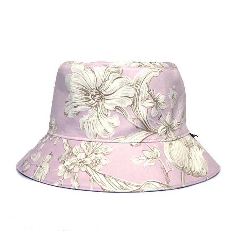 Fresh pink purple sketch flower double-sided fisherman hat - หมวก - ผ้าฝ้าย/ผ้าลินิน สีม่วง
