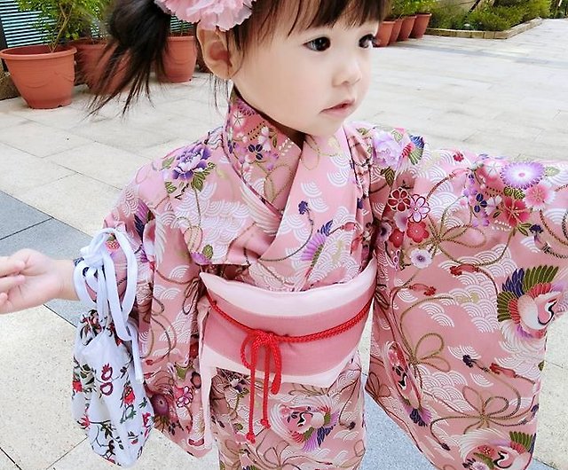 エンジェルニーナ手作り子供着物、和風、花と鶴のモデル、子供