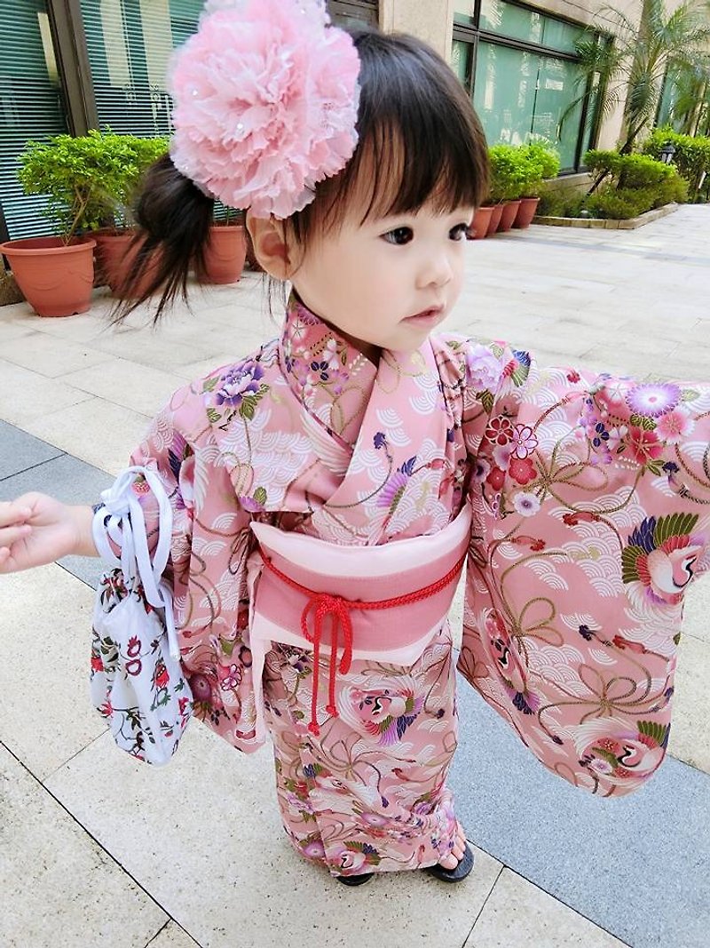Angel Nina hand-made children's kimono, Japanese style, flower and crane model, children's version party birthday - อื่นๆ - ผ้าฝ้าย/ผ้าลินิน สึชมพู