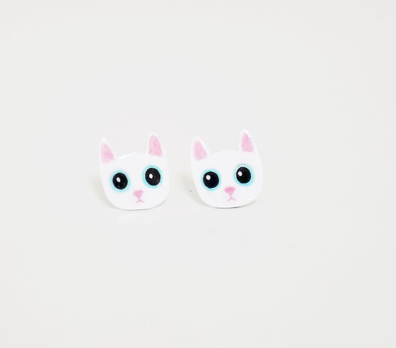 Cat earrings blue eyes shy little white cat-allergic animal earrings ear acupuncture needle can change painless clip-transparent silicone - Earrings & Clip-ons - Plastic White