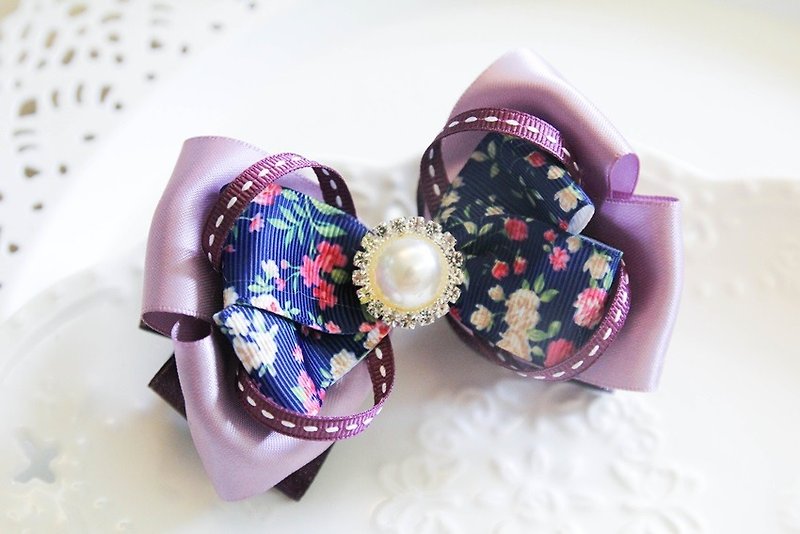Pink purple small flower bow French clip - Hair Accessories - Other Materials Purple