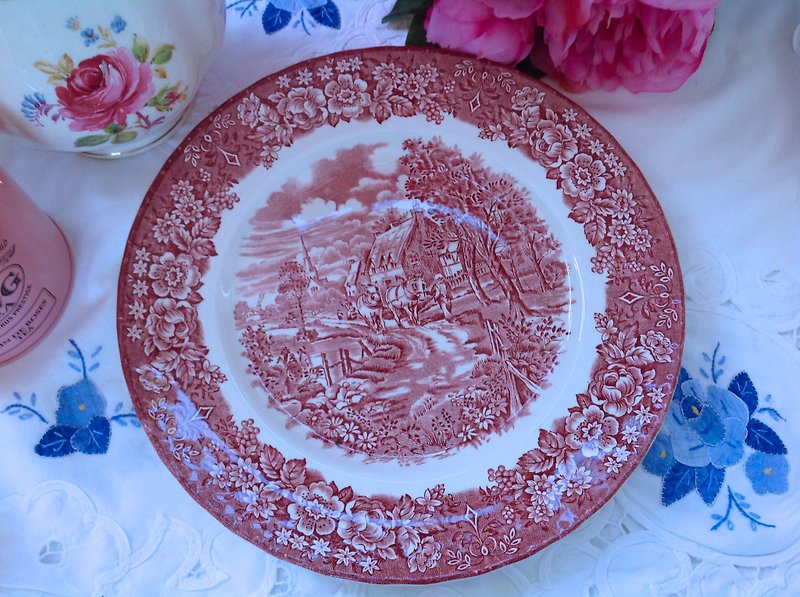 British porcelain red country series red cake plate, dessert plate, fruit plate, porcelain plate, dinner plate - จานเล็ก - วัสดุอื่นๆ สีแดง