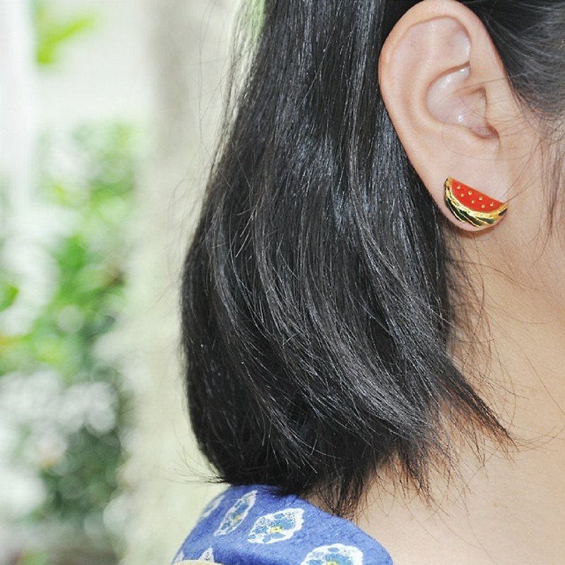 Glorikami Red Water melon earrings - ต่างหู - วัสดุอื่นๆ สีแดง