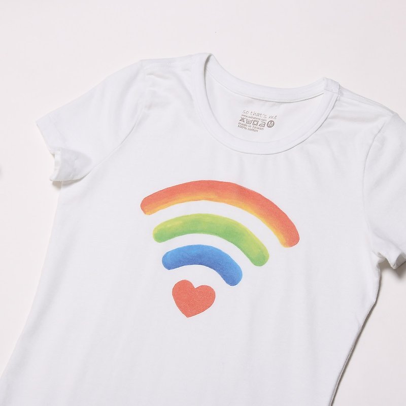 Love Signal Rainbow wifi T-shirt / White - เสื้อยืดผู้ชาย - ผ้าฝ้าย/ผ้าลินิน ขาว