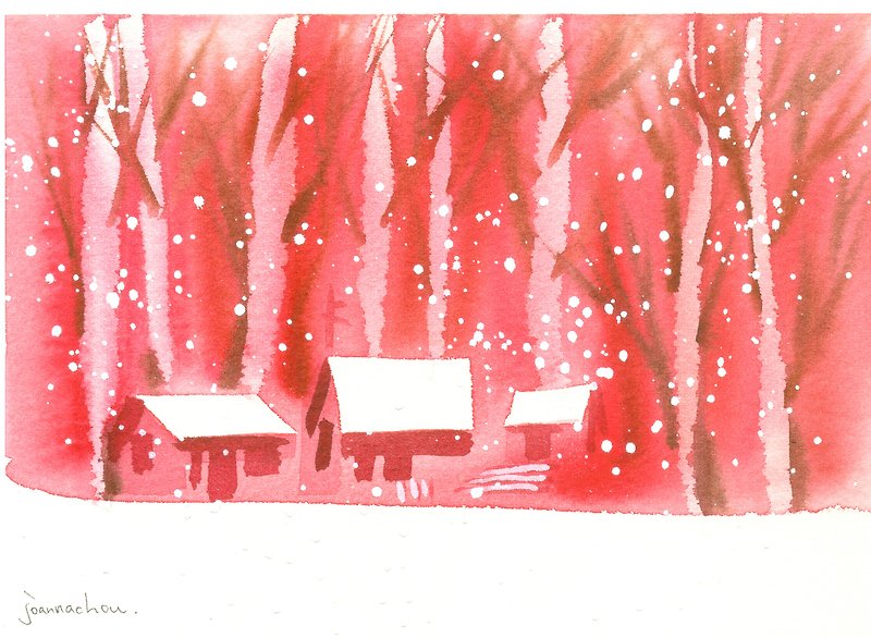 新年賀卡「療癒系樹林系列1-92」水彩手繪限量版明信片/賀卡 - 卡片/明信片 - 紙 紅色