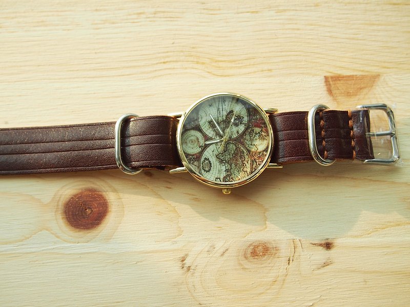 手工制作 植鞣皮制錶帶配古地球儀錶芯 - 女錶 - 真皮 