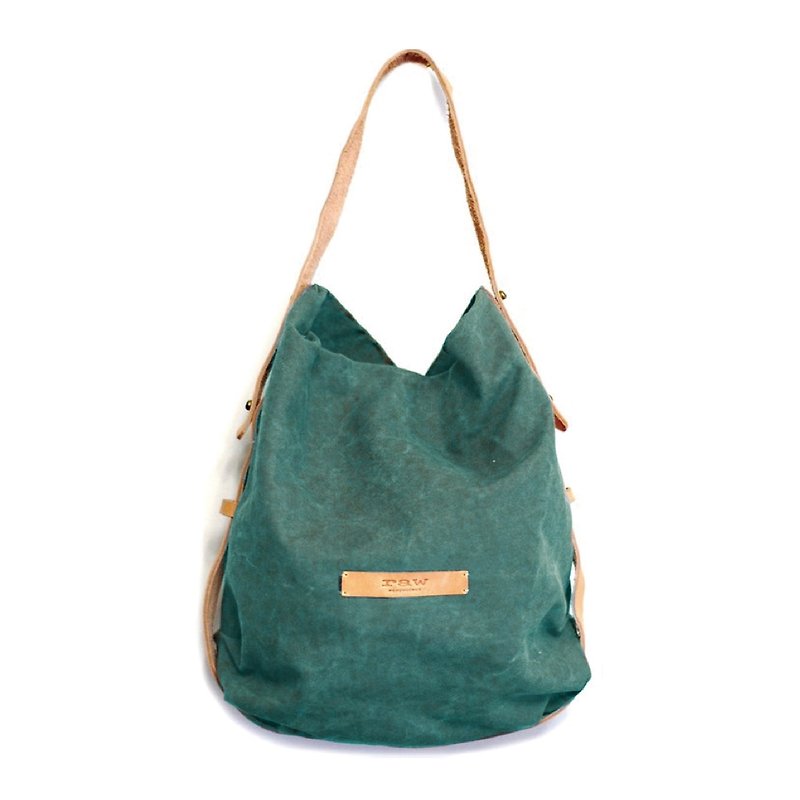 Rupa Side Clamshell Bag - Green Thick Washed Canvas - Thick Washed Leather Strap - กระเป๋าแมสเซนเจอร์ - วัสดุอื่นๆ สีเขียว