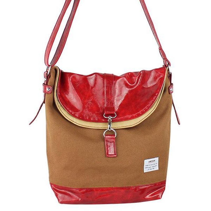 AMINAH-Brown laminated side backpack [am-0274] - กระเป๋าแมสเซนเจอร์ - ผ้าฝ้าย/ผ้าลินิน สีนำ้ตาล
