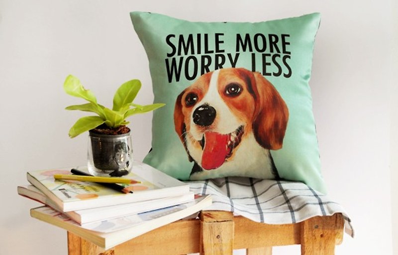 Pillow cover Cushion Pillow satin print 14 inch with Beagle dog Text Smile more worry less - Pillows & Cushions - Other Materials Multicolor