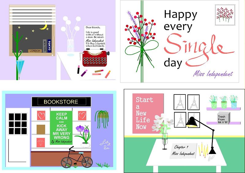 A set of 4 postcards from Miss Independent series. - Cards & Postcards - Paper Multicolor