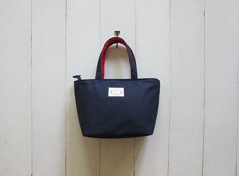 Dachshund Canvas Tote Bag with Zipper Opening-Small 2.0 Version (Navy Blue + Carmine) - กระเป๋าถือ - วัสดุอื่นๆ หลากหลายสี