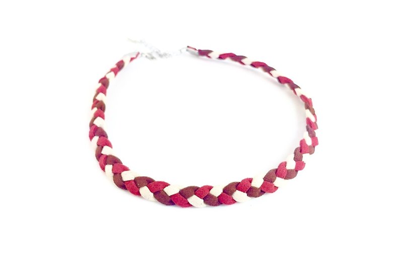 Coffee red and white-three-color twist necklace - สร้อยคอ - หนังแท้ ขาว