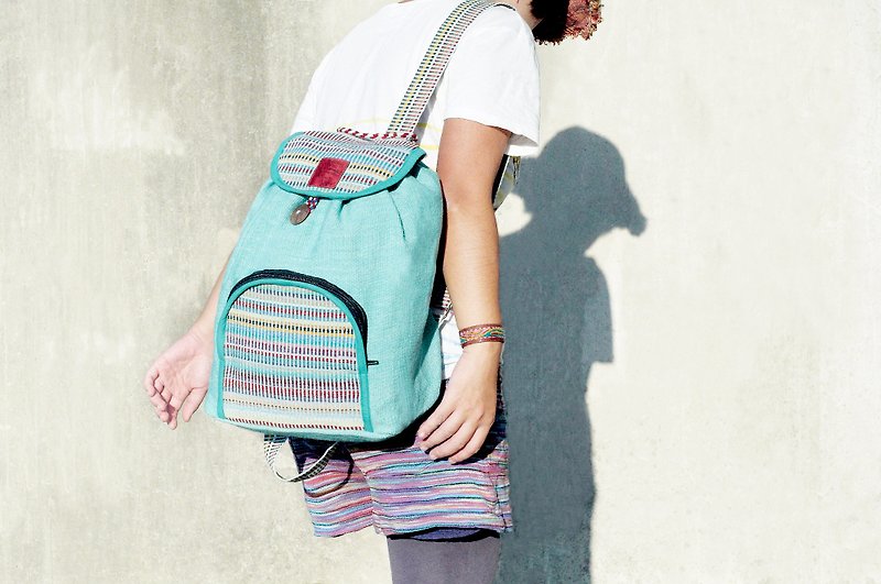 Valentine's Day gift of natural hand-woven colorful rainbow canvas bag / backpack / rear backpack / shoulder bag / bag - Natural feel colors mint green - Backpacks - Cotton & Hemp Multicolor