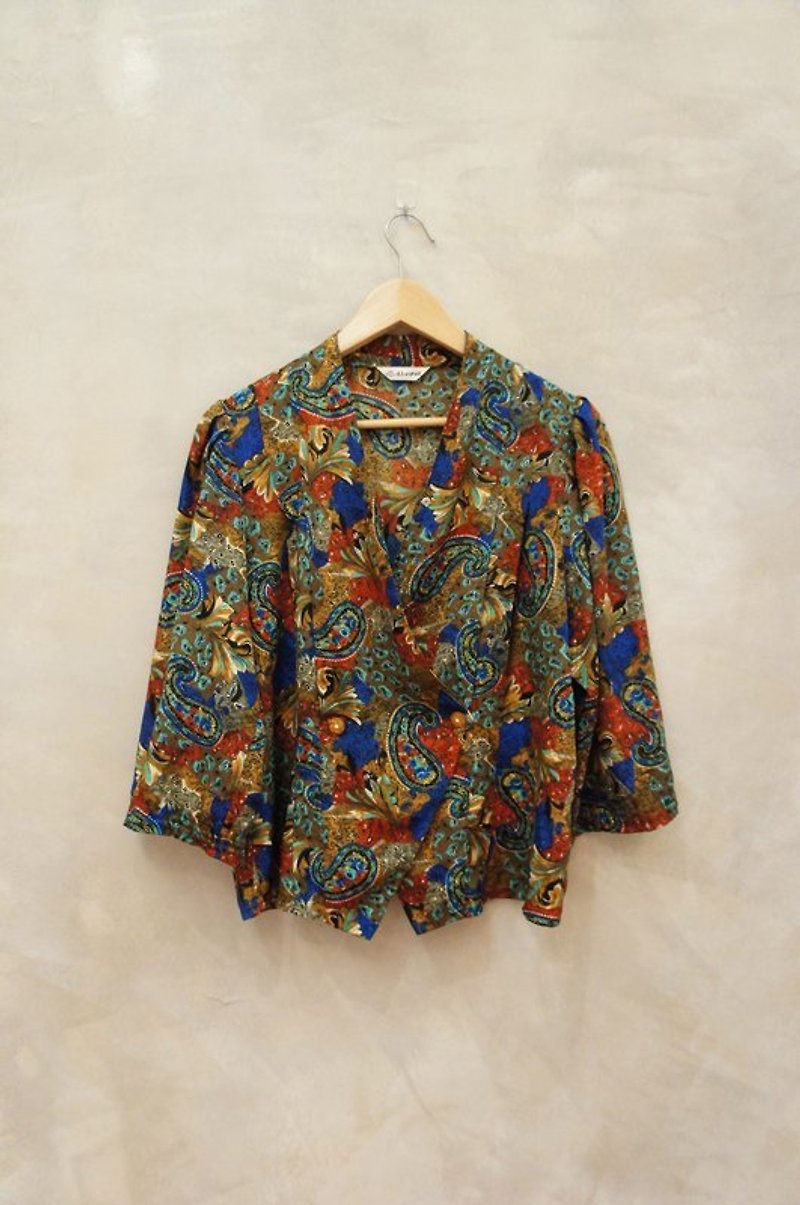 西裝式側釦 花卉彩色變形蟲 襯衫 日本古著 - 女襯衫 - 其他材質 多色