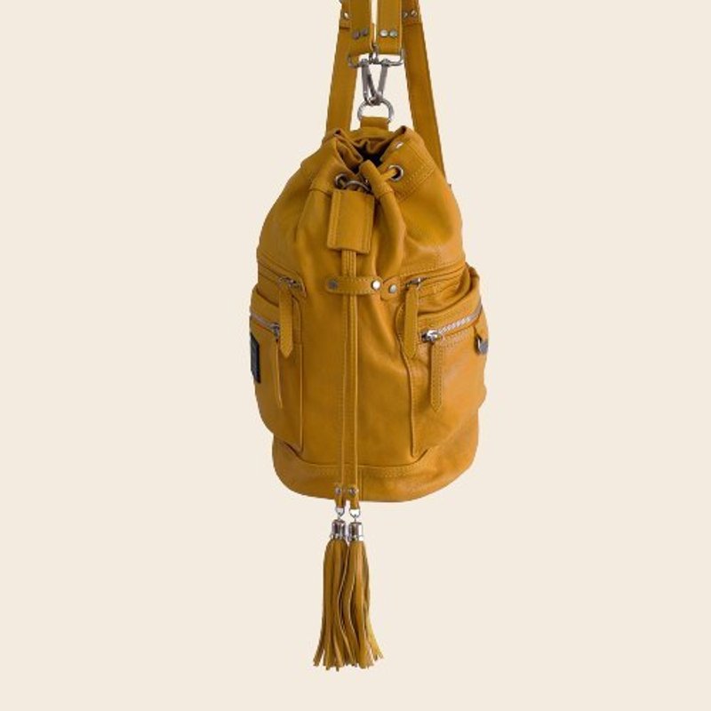 ► Jennifer ｜ shoulder bag ● 　　　　芥末黃色／軟羊皮圓筒背包 - 側背包/斜背包 - 真皮 橘色
