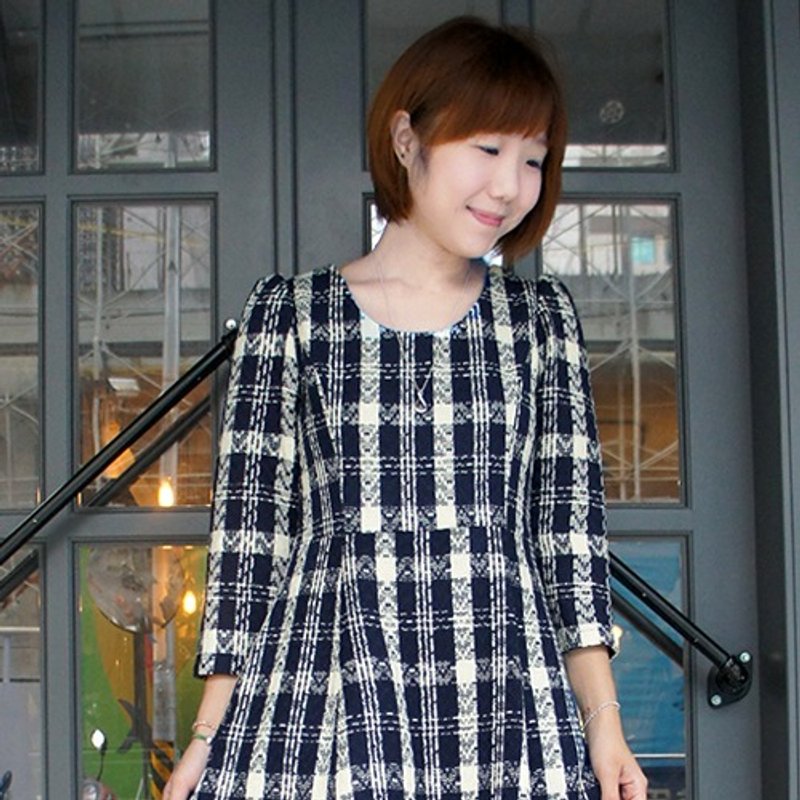 A word woolen dress blue grid - One Piece Dresses - Other Materials 