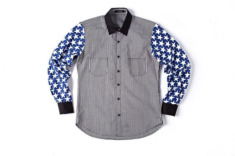 Stone'As Stars Print & Check Shirt / Star Check Shirt - Men's Shirts - Cotton & Hemp Black