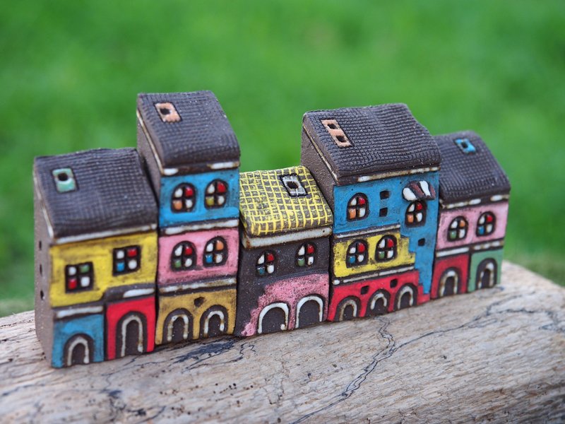 【彩繪村 Colorful Village 】- 手繪童話小陶屋-白色拱門/5件合購 - 花瓶/花器 - 其他材質 