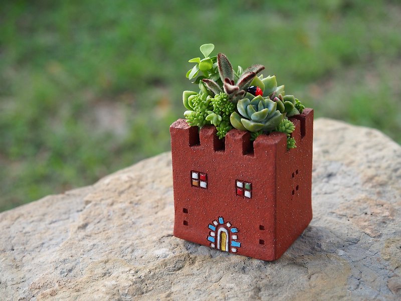 ガーデンキャッスルガーデン] [手作り陶器 - かわいい城の庭園（S）/ロック赤/セラミック城 - 観葉植物 - その他の素材 レッド