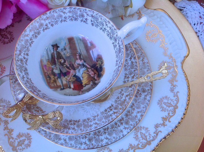 ♥安妮瘋古物♥英國骨瓷安徒生童話賣火材的小女孩花茶杯 咖啡杯兩件組～庫存新品 - 茶具/茶杯 - 瓷 金色