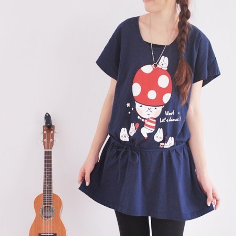 Mushroom Mochi Rabbit Swing Twist Dress - One Piece Dresses - Cotton & Hemp Blue