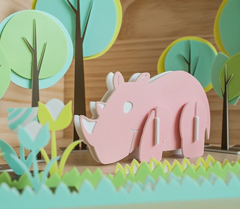【益智立體拼圖】可愛動物系列 // 害羞犀牛 - 拼圖/砌圖 - 壓克力 粉紅色