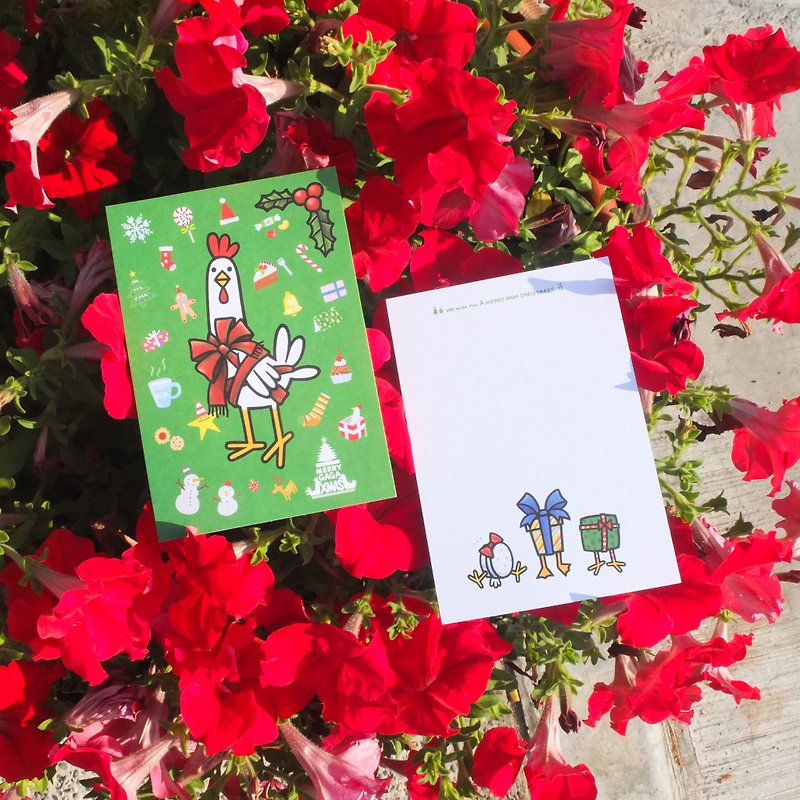 Merry Christmas!! 聖誕雞禮物明信片 - 卡片/明信片 - 紙 綠色