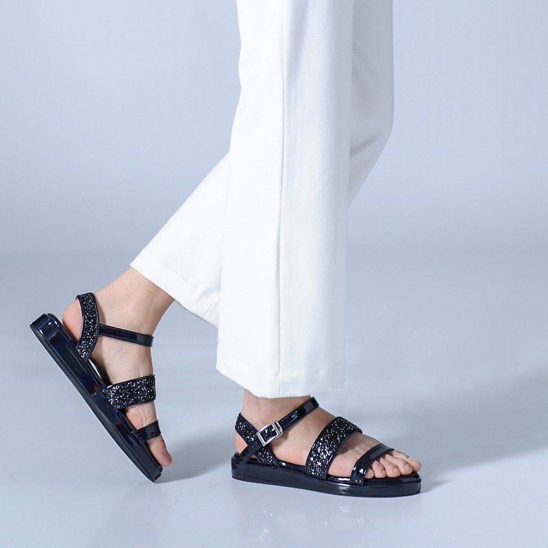 Glitter Sandals shoes - Black hologram - รองเท้าลำลองผู้หญิง - หนังแท้ สีดำ
