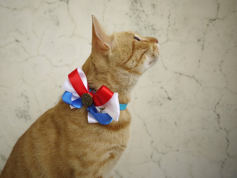 Safe hands as cats and dogs pet collar / Collar / fine ribbon bow tie red, white and blue British naval bronze retro style cherry pudding Cherry Pudding ♥ ♥ - Collars & Leashes - Cotton & Hemp Blue