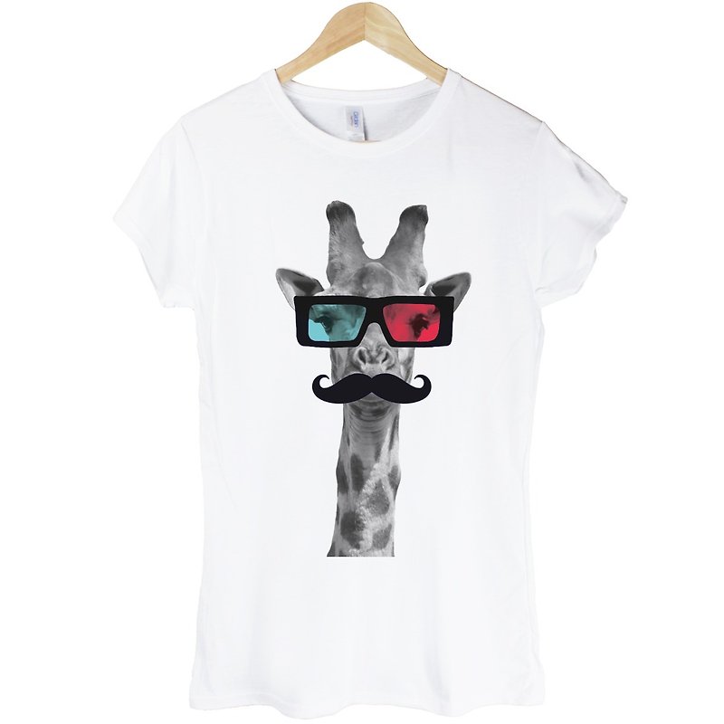 Giraffe-3D女生短袖T恤-2色 長頸鹿 3D眼鏡 鬍鬚 動物 文青 設計 - 女 T 恤 - 棉．麻 白色