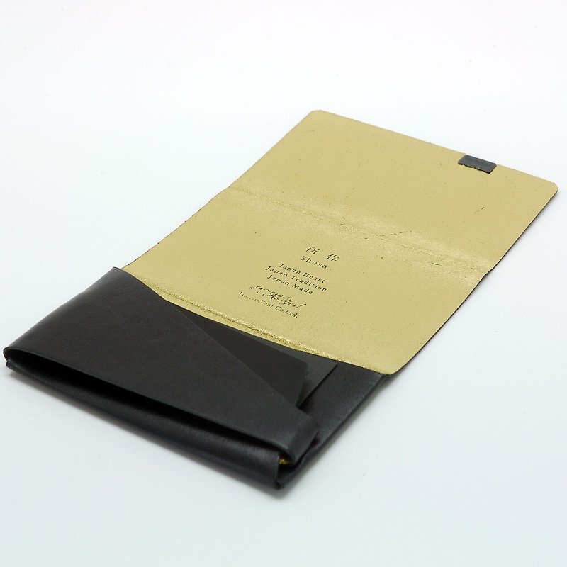 Handmade in Japan-made by Shosa vegetable tanned cowhide business card holder / card holder-low-key luxury / black gold - Card Holders & Cases - Genuine Leather 