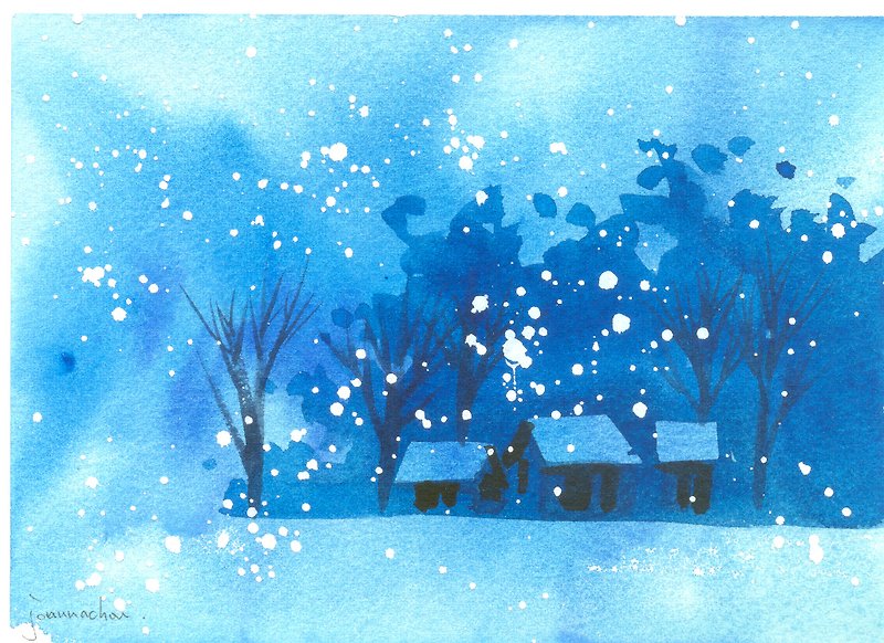 聖誕卡片「療癒系樹林系列1-83」水彩手繪限量版明信片/賀卡 - การ์ด/โปสการ์ด - กระดาษ สีน้ำเงิน