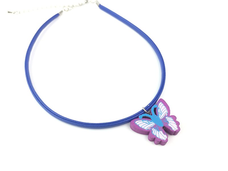Wood Purple Butterfly - purplish blue rope necklace - Necklaces - Genuine Leather Purple