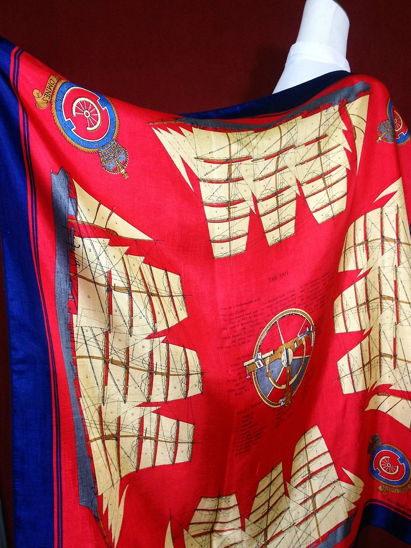 Antique silk scarf / antique big shawl silk scarf of ancient European sailing sailing ship - ผ้าพันคอ - วัสดุอื่นๆ 