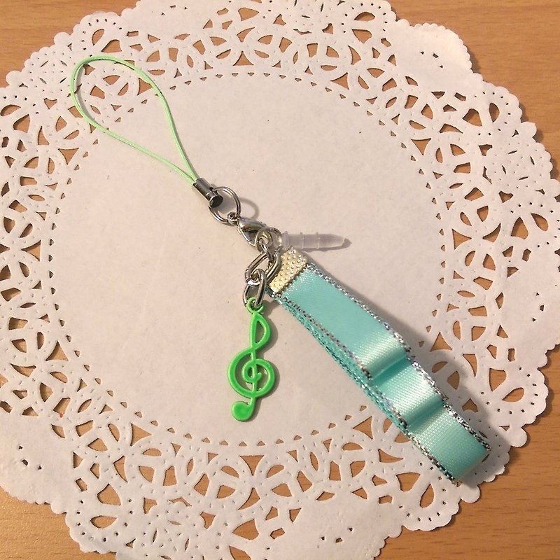 【High tone symbol ribbon earphone plug strap (green)】 music musical instrument notes ribbon made a customized custom "Misi bear" graduation gift - พวงกุญแจ - โลหะ สีเขียว