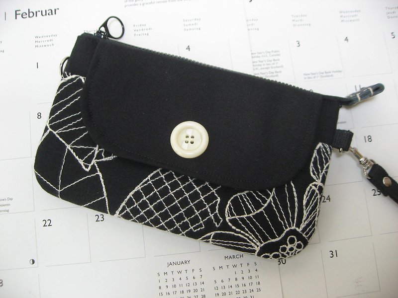 Double zipper bag / clutch bag / cross-body bag / cell phone pocket - French black and white - Other - Other Materials Black