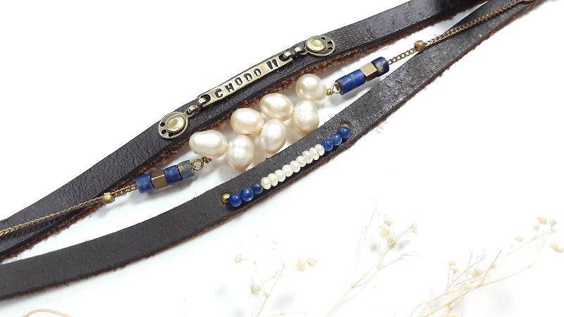 Bracelet ◎*customer lettering*pearl lap stone double leather bracelet - Bracelets - Genuine Leather 