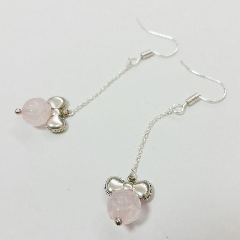 silver-plated earling with pink quartz long earrings - ต่างหู - เครื่องเพชรพลอย สึชมพู