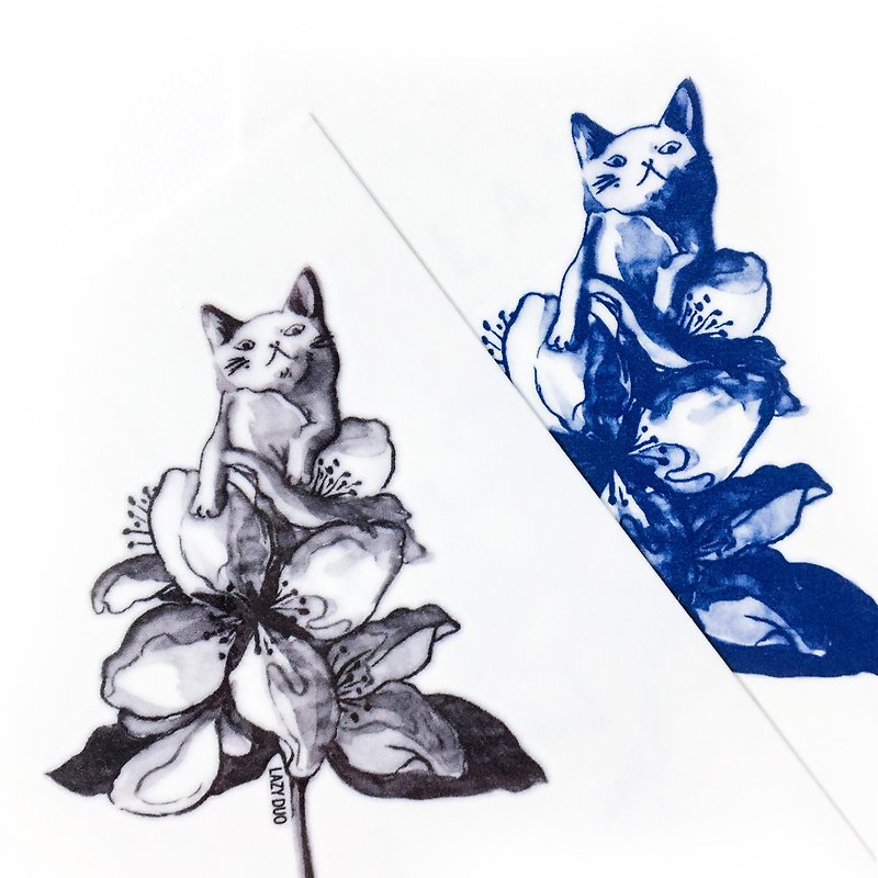 花束上的反眼花貓動物插畫刺青紋身貼紙 白目猫咪寵物攪笑搞笑 - 紋身貼紙 - 紙 黑色
