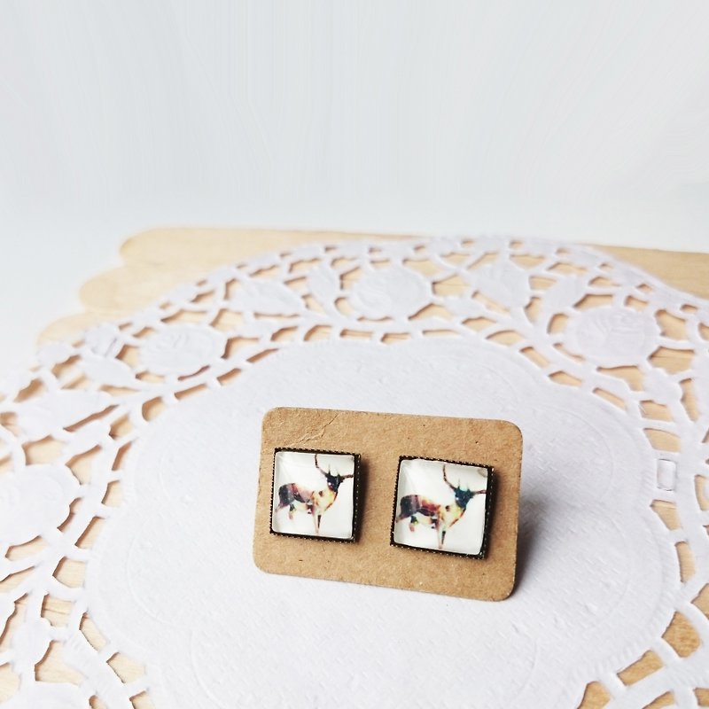 Square watercolor elk silhouette earrings - Earrings & Clip-ons - Other Metals White