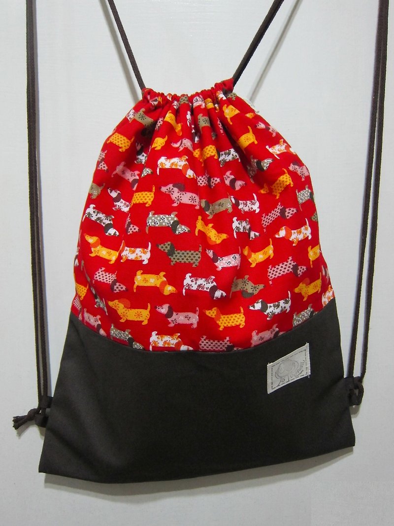 Drawstring Backpack hand as post - [fancy little sausage] - กระเป๋าหูรูด - วัสดุอื่นๆ สีแดง