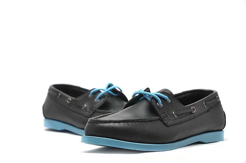 Temple filial pie color macarons leather sailing shoes sky blue - รองเท้าลำลองผู้ชาย - หนังแท้ สีดำ