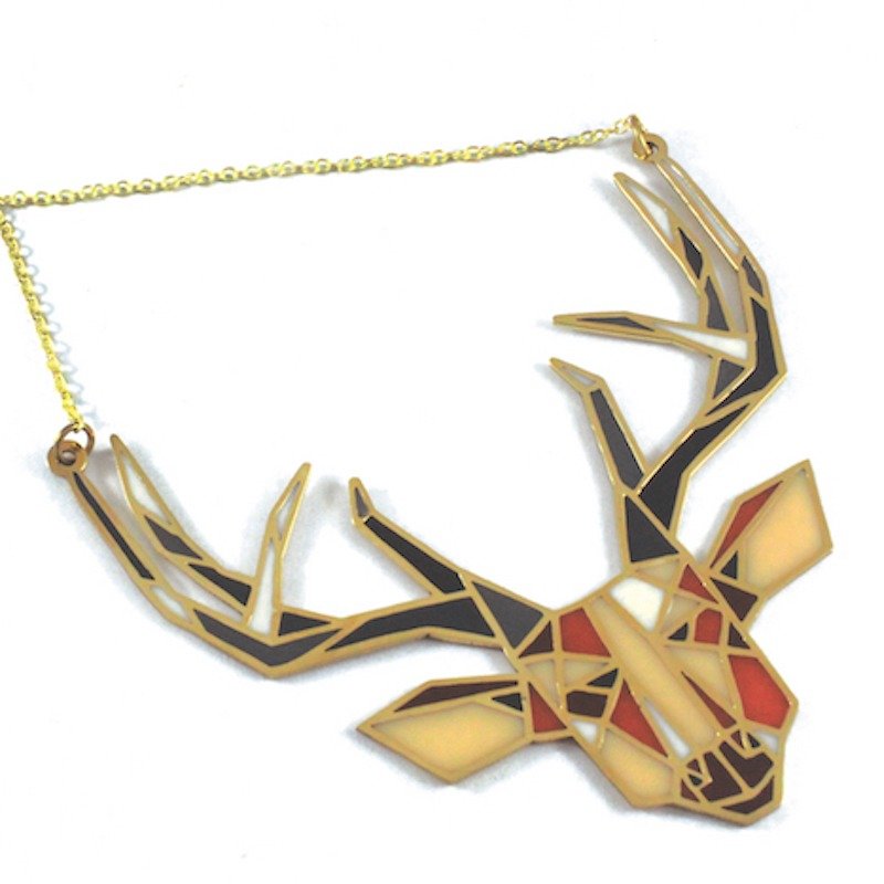 Stag stained glass necklace in brass and oxidized antique color ,Rocker jewelry ,Skull jewelry,Biker jewelry - สร้อยคอ - โลหะ 
