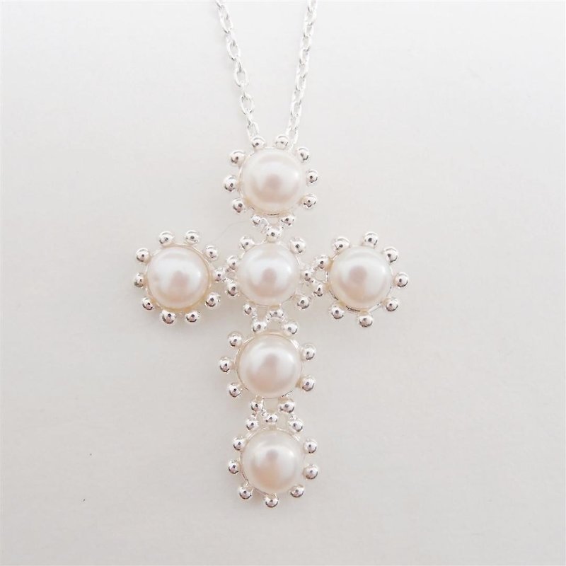 Antique Cross Pearl Sterling Silver Necklace - สร้อยคอ - โลหะ 