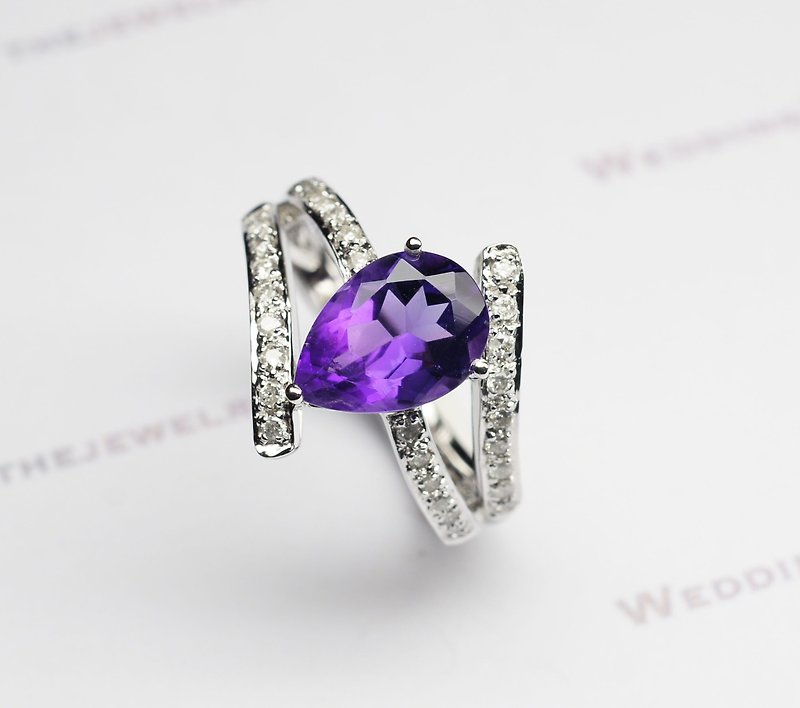 18K White Gold / Pear shaped Amethyst with Diamond Ring - Free Shipping - General Rings - Gemstone Purple