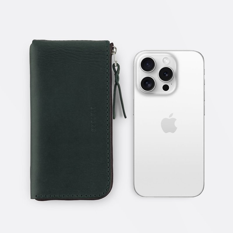 iPhone ジッパーフォンケース/財布- フォレストグリーン - スマホケース - 革 グリーン