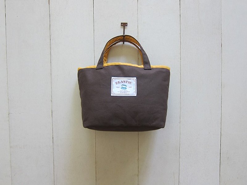 梯形包系列-帆布小號托特包(咖啡+芒果黃) - 手提包/手提袋 - 其他材質 多色