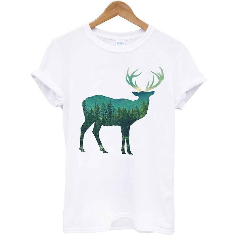 Deer-Photo Short Sleeve T-Shirt-White Deer Photo Forest Nature Environmental Protection Corner Geometric Abstract Cheap Fashion Design Homemade Creative Round Triangle - Men's T-Shirts & Tops - Paper White